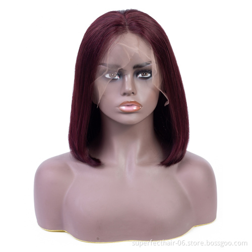 Superfect High Quality Short Straight 99J #27 1B/99J Transparent  Lace Front Wig With Baby Hair Burgundy Peruvian Bob Wigs